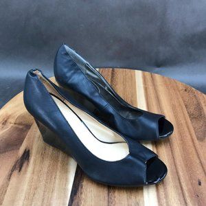 Liz Claiborne Black Faux Leather Peep Toe Wedge Pumps Heels Womens Size 6